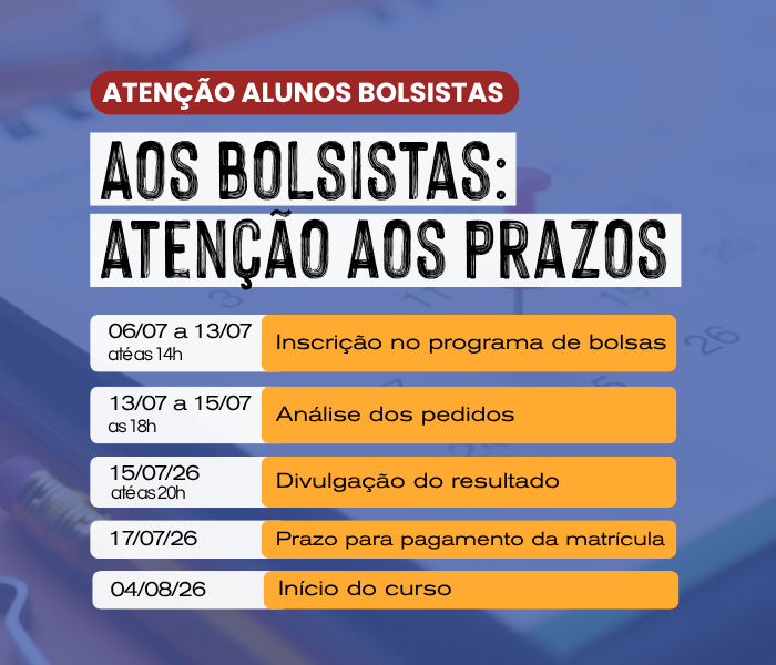 Programa Institucional de Bolsas de Estudos 2026/2º: Inscrições abertas